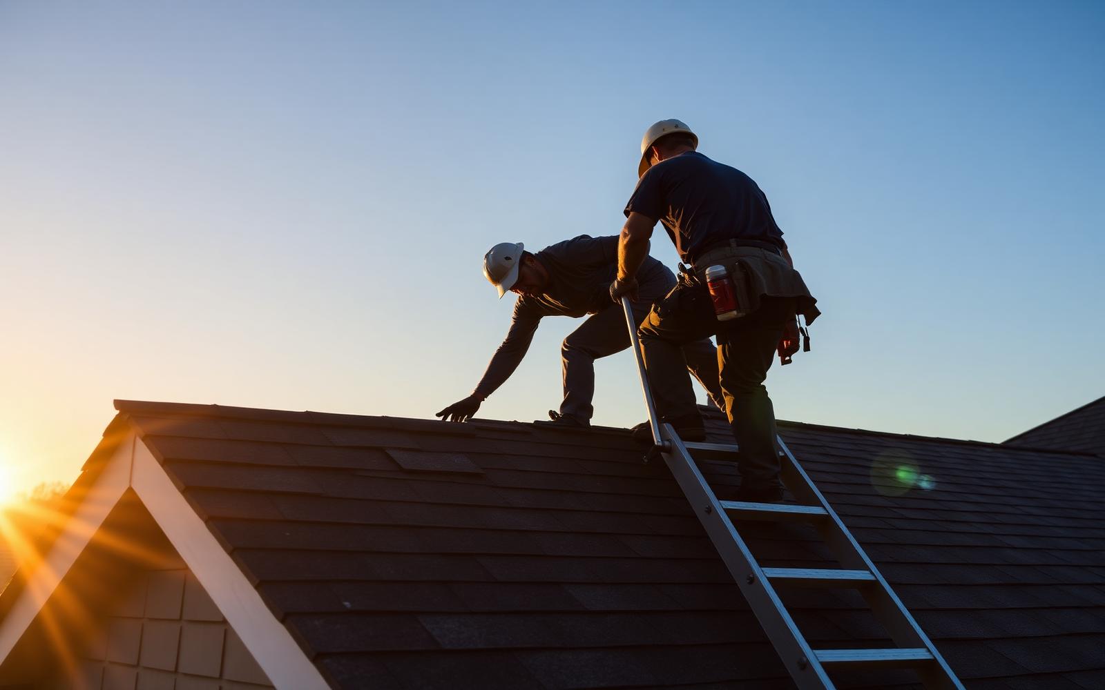 RoofMart Corp crew installing architectural shingles at sunset